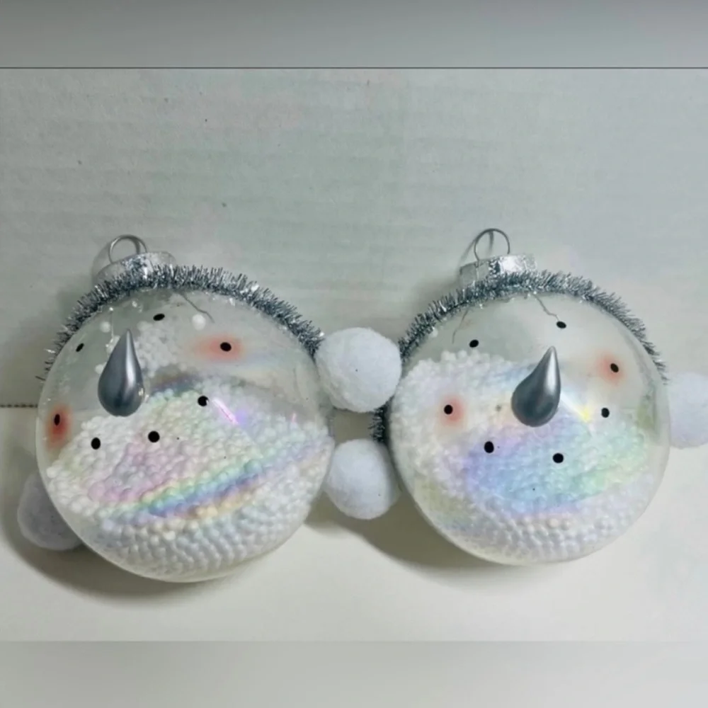 VINTAGE GLASS SNOWMAN’S FACE CHRISTMAS TREE ORNAMENTS (SET OF 2) MINT CONDITION